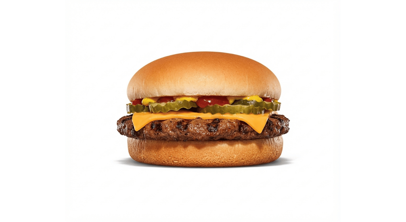 Burger King Cheeseburger, beef cheeseburger with melted cheese and pickles in a plain bun