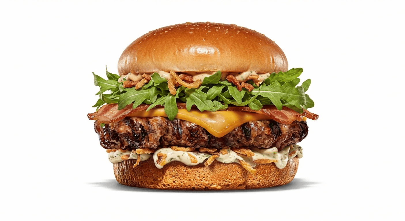 Burger King Bacon Caesar Angus, Angus beef burger with bacon, smoked cheddar, crispy onions and caesar sauce