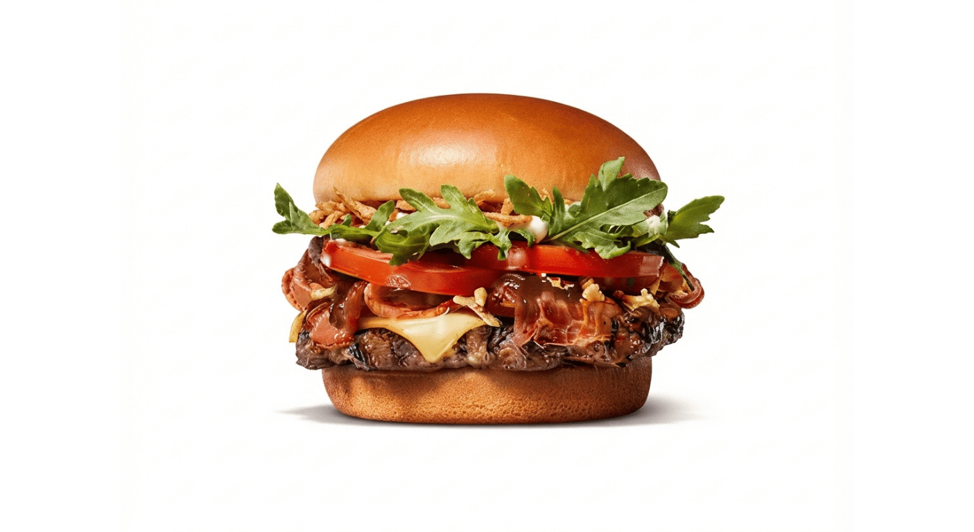 Burger King BBQ Steakhouse Angus, Angus beef burger with bacon, cheese, tomato and rocket in a brioche bun