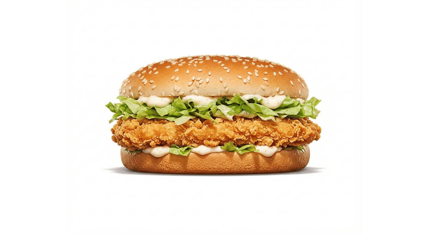 Burger King Chicken Royale, breaded chicken fillet burger with lettuce and mayonnaise in a long sesame bun