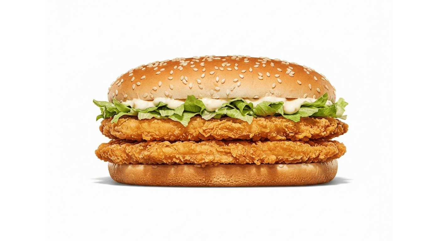 Burger King Double Chicken Royale, two breaded chicken fillets with lettuce and mayonnaise in a long sesame bun