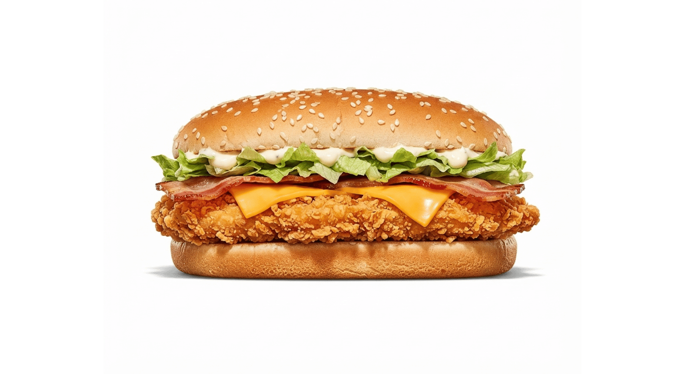 Burger King Chicken Royale Bacon & Cheese, breaded chicken fillet burger with bacon, melted cheese, lettuce and mayonnaise
