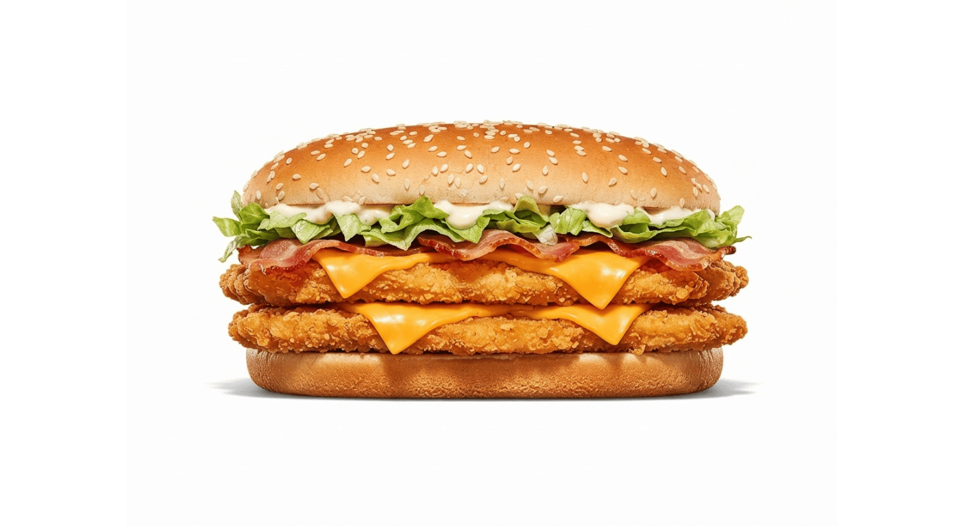 Burger King Double Chicken Royale Bacon & Cheese, two breaded chicken fillets with bacon, cheese and lettuce