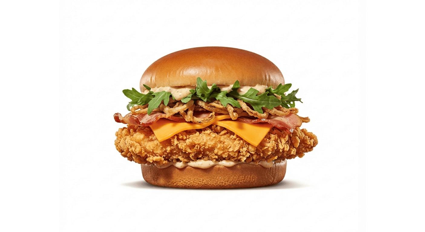 Burger King Bacon Caesar Crispy Chicken, breaded chicken burger with bacon, melted cheese, rocket and caesar sauce