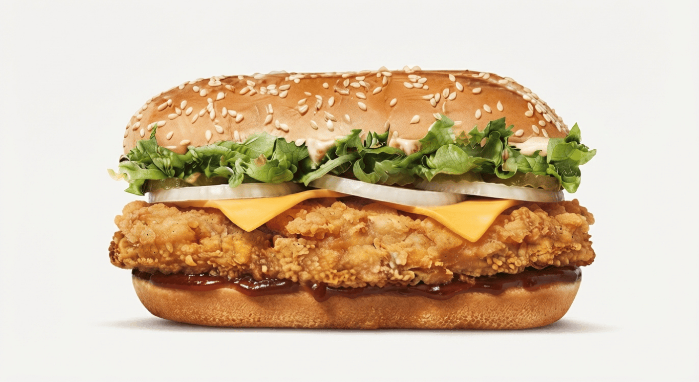 Burger King Texan BBQ Royale, breaded chicken burger with cheese, jalapeños, lettuce and barbecue sauce in a long bun
