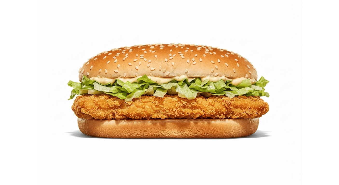 Burger King Vegan Royale, breaded plant-based fillet burger with lettuce and vegan mayonnaise in a long bun