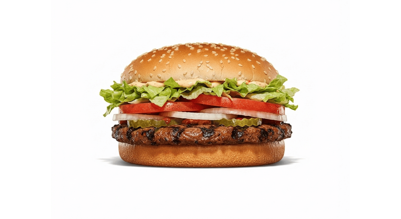Burger King Plant-based WHOPPER, flame-grilled plant-based burger with lettuce, tomato, onion and pickles