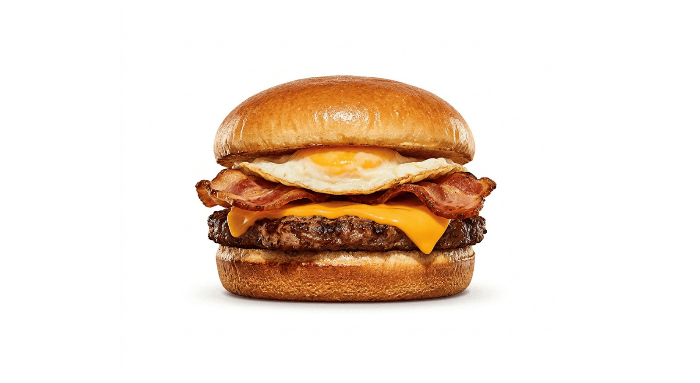 Burger King Breakfast King, breakfast sandwich with a beef patty, bacon, egg and cheese in a brioche bun