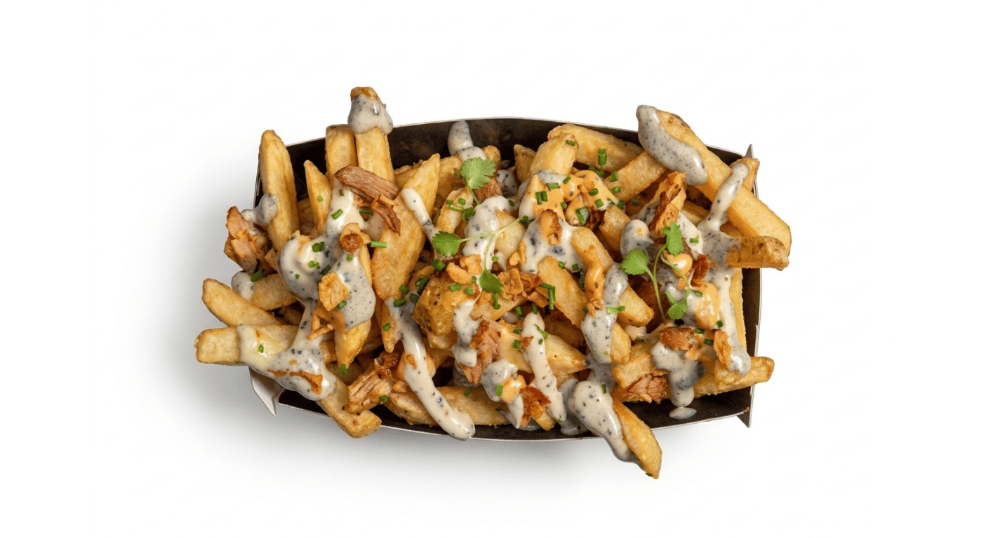 Burger King Loaded King Fries, thick cut fries in a black tray with cheese sauce drizzled over