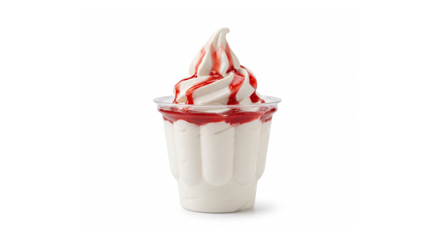 Burger King Strawberry Sundae, vanilla soft serve sundae topped with strawberry sauce in a clear cup