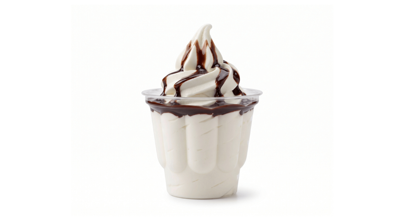 Burger King Chocolate Sundae, vanilla soft serve sundae topped with chocolate sauce in a clear cup