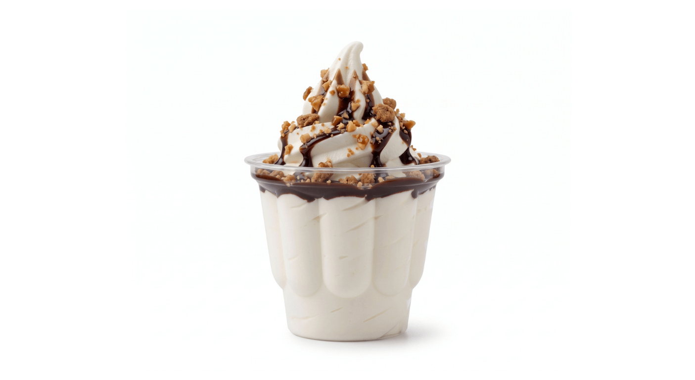 Burger King Mint Chocolate Sundae, vanilla soft serve sundae with chocolate sauce and mint pieces in a clear cup