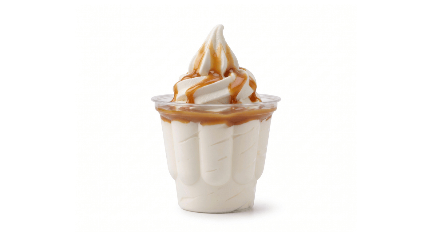 Burger King Salted Caramel Sundae, vanilla soft serve sundae topped with salted caramel sauce in a clear cup