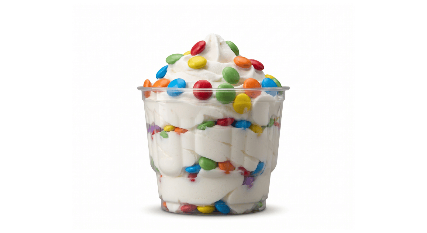 Burger King Mini Smarties Fusion, small vanilla soft serve mixed with coloured candy coated chocolate buttons