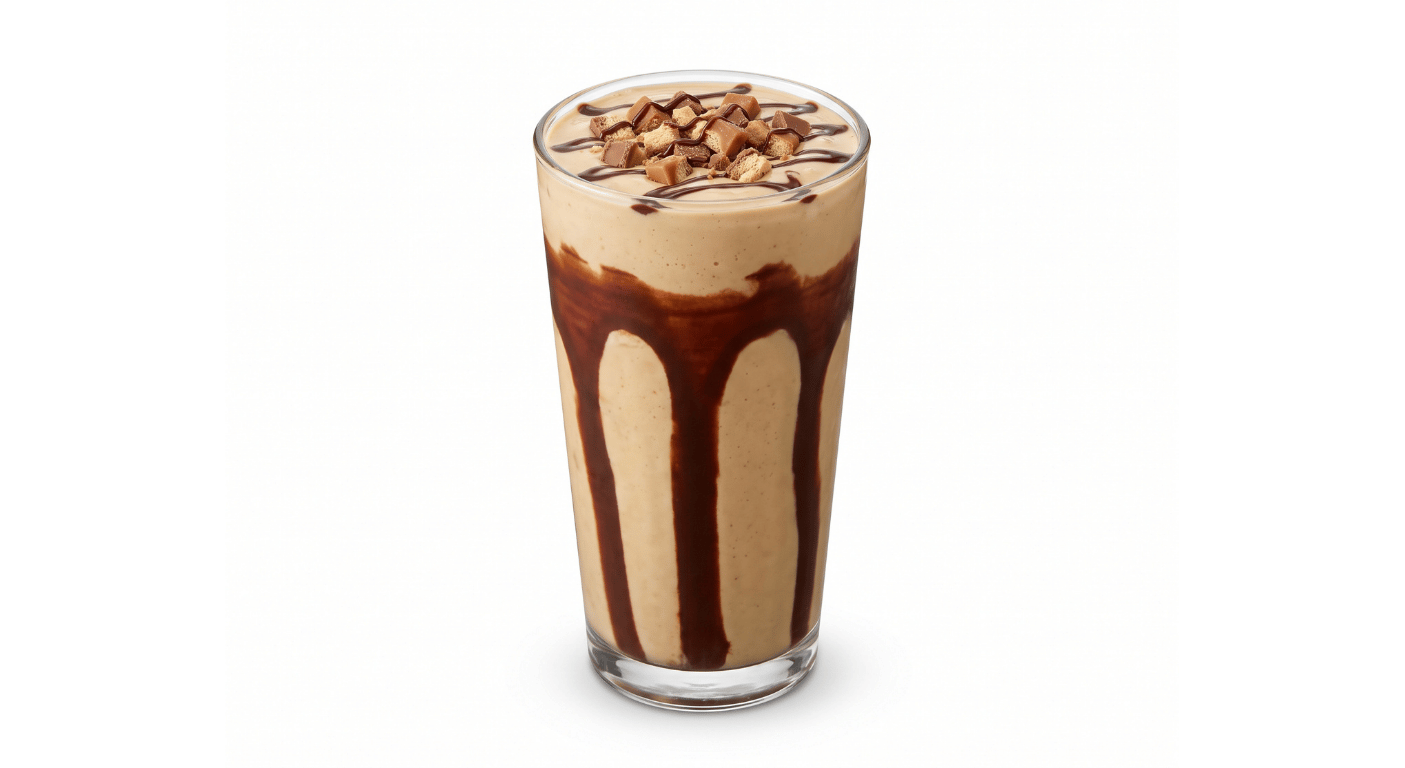 Burger King Twix Shake, glass of thick caramel milkshake with chocolate sauce and biscuit bar pieces