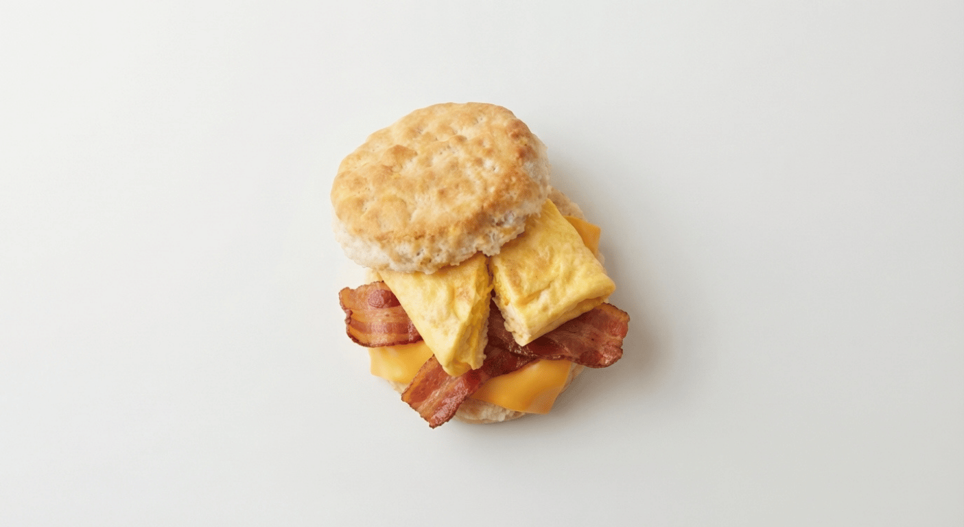 McDonald's US Bacon, Egg & Cheese Biscuit with folded egg, melted American cheese and thick-cut bacon in a buttermilk biscuit