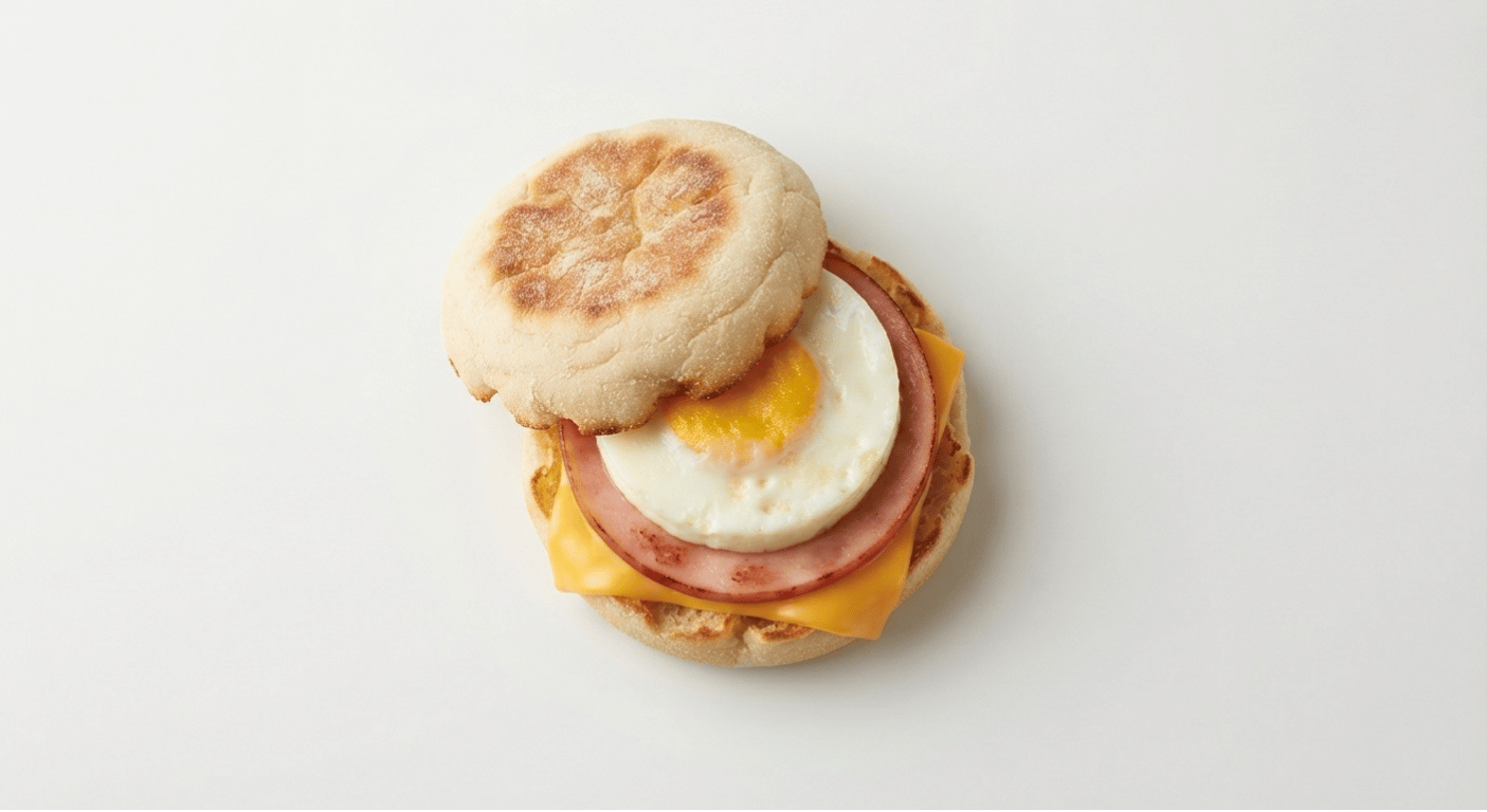 McDonald's US Egg McMuffin with a round egg, Canadian bacon and melted American cheese in a toasted English muffin