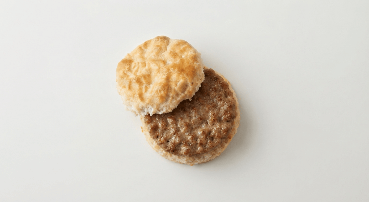 McDonald's US Sausage Biscuit with a seasoned pork sausage patty in a split buttermilk biscuit