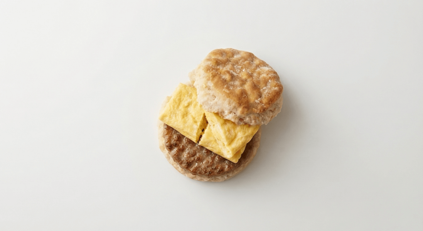 McDonald's US Sausage Biscuit with Egg, with a pork sausage patty and folded egg in a split buttermilk biscuit