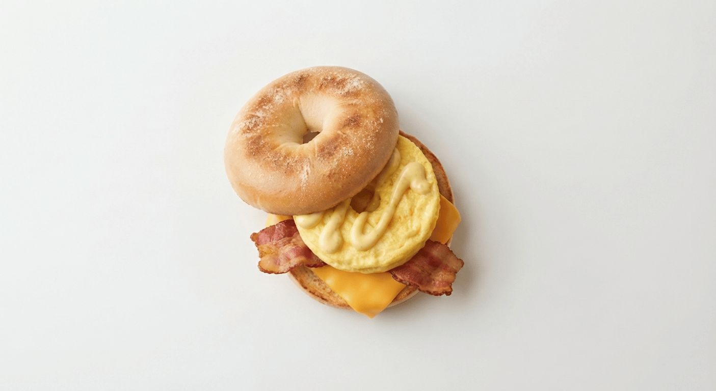 McDonald's US Bacon, Egg & Cheese Bagel with folded egg, American cheese, bacon and breakfast sauce on a toasted bagel