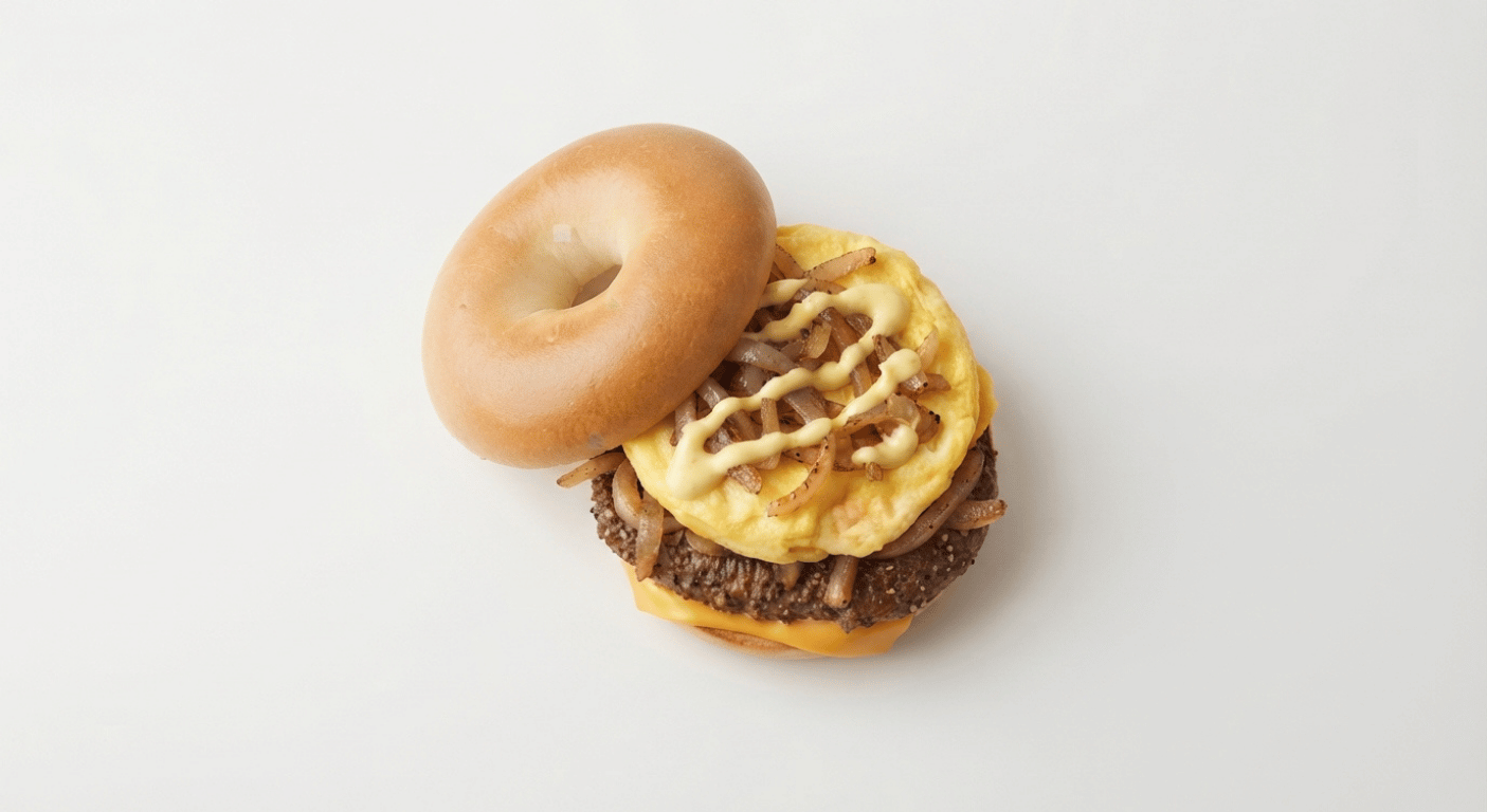 McDonald's US Steak, Egg & Cheese Bagel with steak, folded egg, American cheese, grilled onions and breakfast sauce