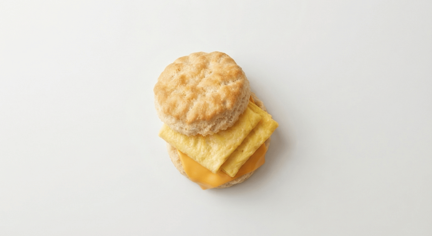 McDonald's US Egg & Cheese Biscuit with a folded egg and melted American cheese in a split buttermilk biscuit