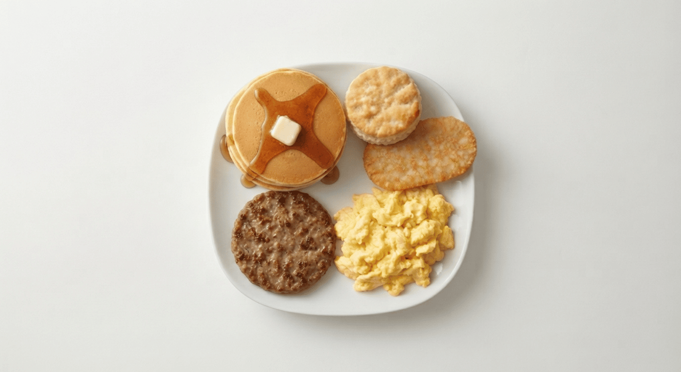 McDonald's US Big Breakfast with Hotcakes: three hotcakes with syrup, scrambled eggs, sausage, hash brown and a biscuit
