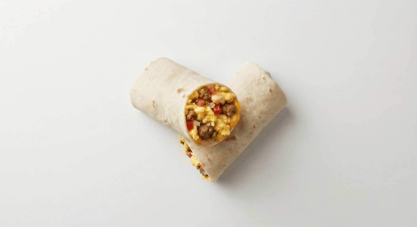 McDonald's US Sausage Burrito cut in half, showing scrambled egg, sausage, vegetables and melted cheese in a flour tortilla