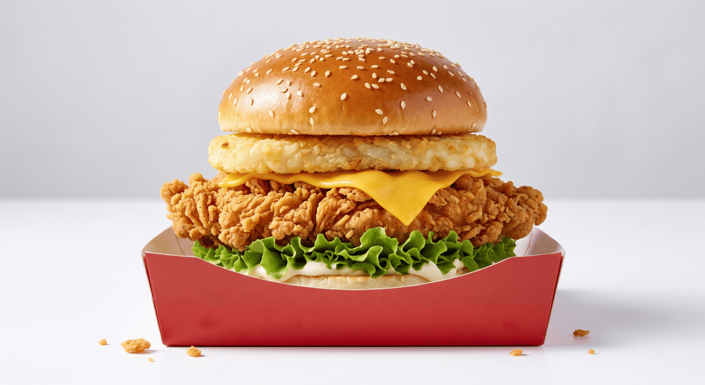 KFC Fillet Tower Burger photographed from the side on a plain white background