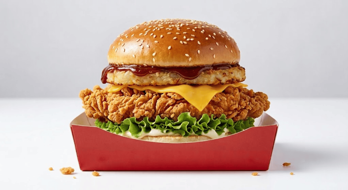 KFC BBQ Fillet Tower Burger photographed from the side on a plain white background