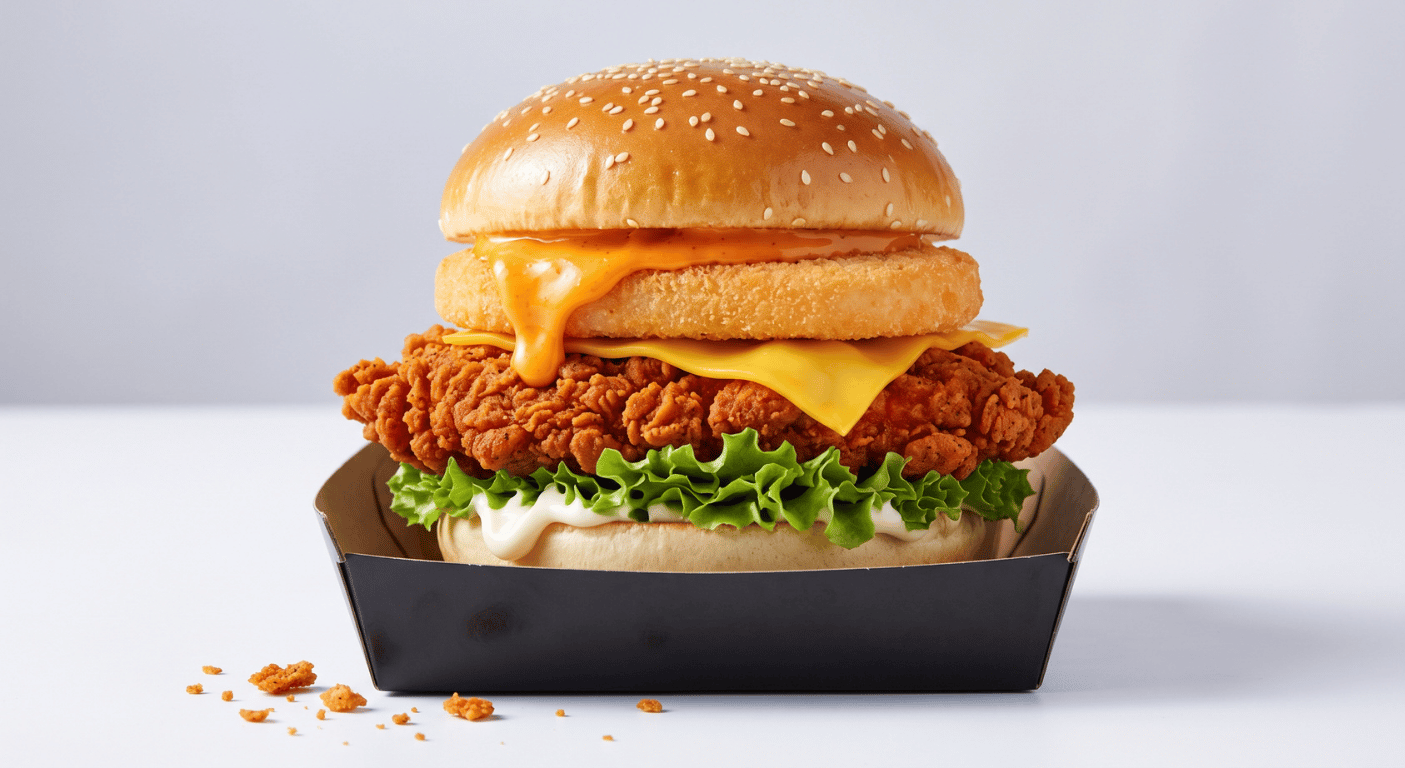 KFC Zinger Supercharger Tower Burger photographed from the side on a plain white background