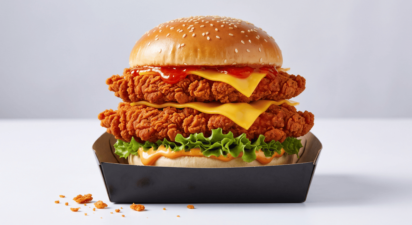 KFC Zinger Stacker Burger with two spicy chicken fillets and melted cheese, 813 calories and 3.7g salt per burger