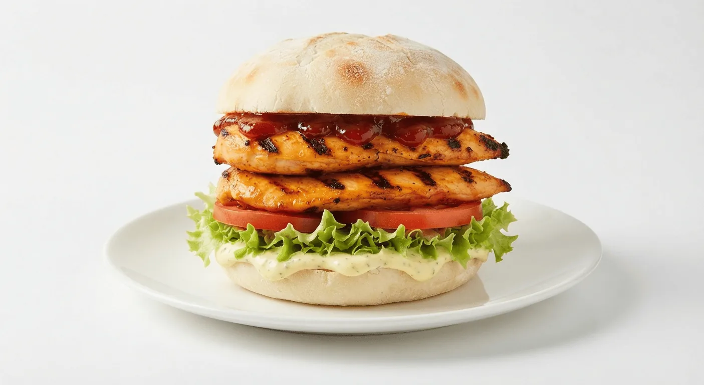 Nando's Double Chicken Burger, two flame-grilled chicken breasts with tomato relish, tomato and lettuce in a Portuguese roll, nutrition and calories