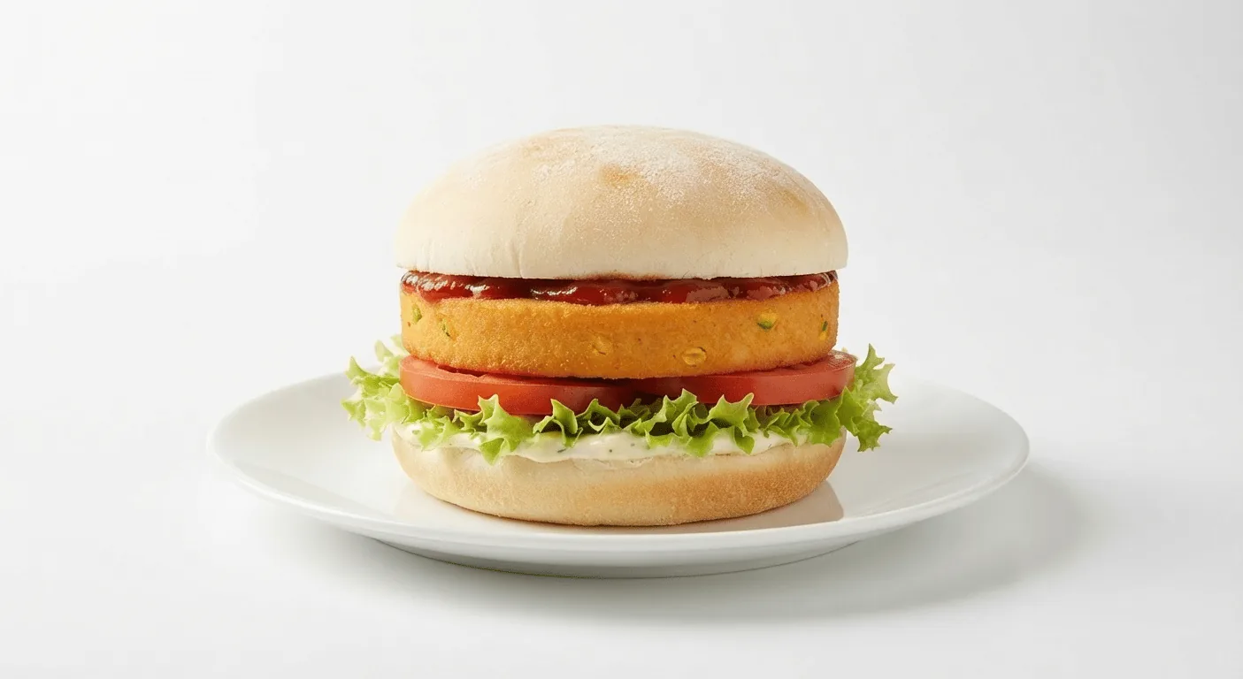 Nando's Beanie Burger, chickpea and lentil patty burger with tomato, lettuce and mayo in a Portuguese roll on a white plate, nutrition and calories