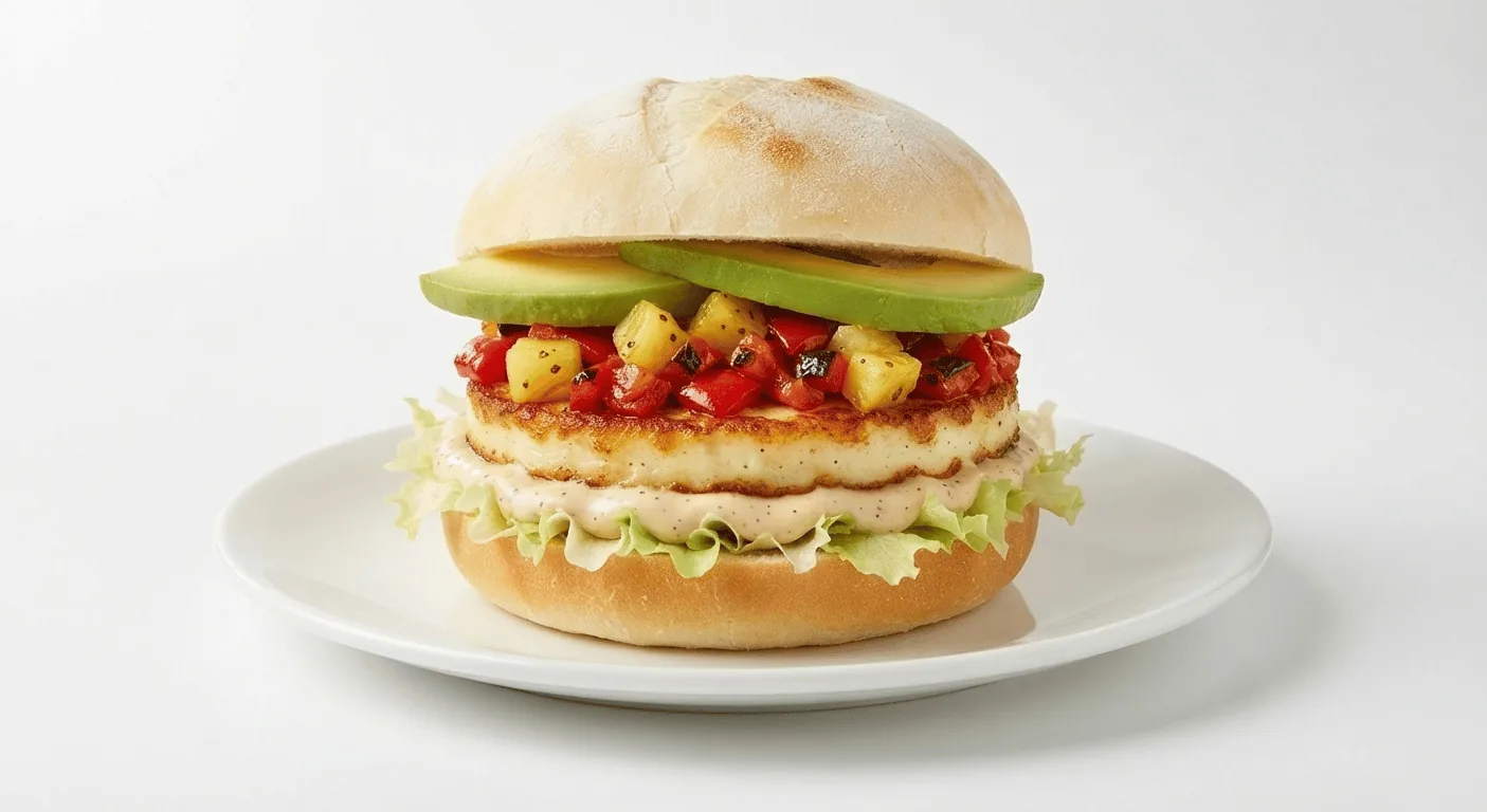 Nando's The Big Cheese, burger with grilled halloumi, avocado, pineapple salsa and lettuce in a Portuguese roll on a white plate, nutrition and calories