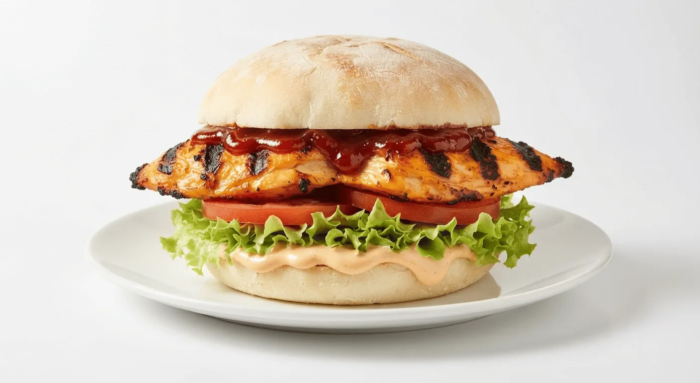 Nando's Butterfly Burger, flame-grilled chicken breast burger with tomato relish, tomato and lettuce in a Portuguese roll on a white plate, nutrition and calories