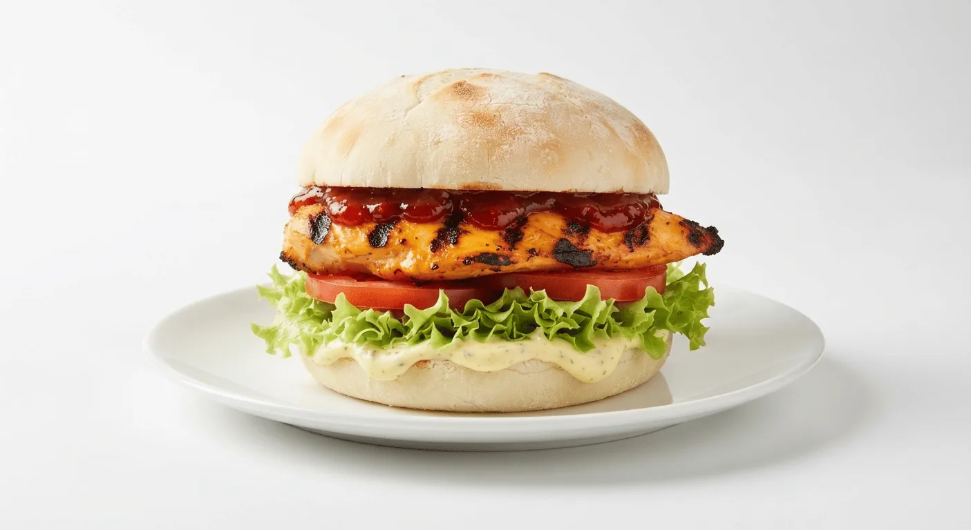 Nando's Grilled Chicken Burger, flame-grilled chicken breast burger with tomato relish, tomato and lettuce in a Portuguese roll on a white plate, nutrition and calories