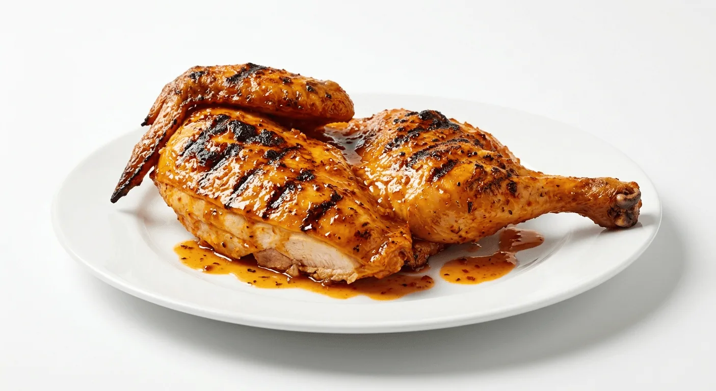 Nando's 1/2 Chicken, flame-grilled half chicken with breast and leg on a white plate, nutrition and calories