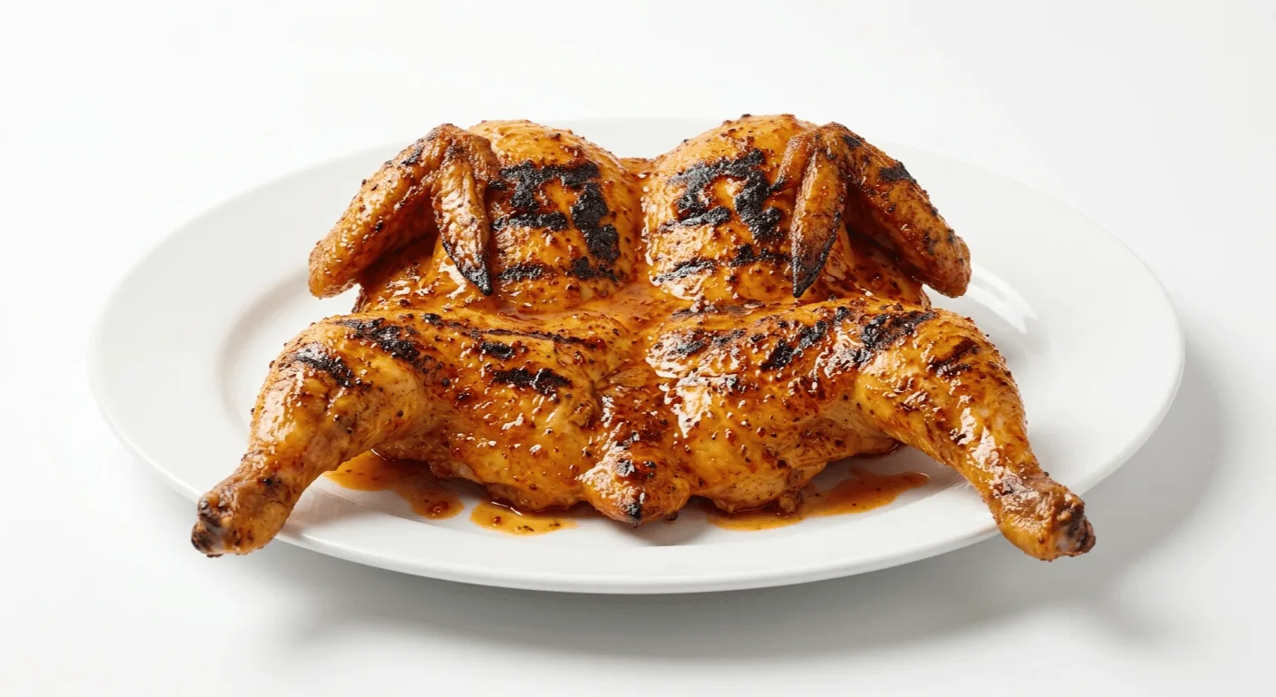 Nando's Whole Chicken, whole flattened flame-grilled PERi-PERi chicken on a white plate, nutrition and calories