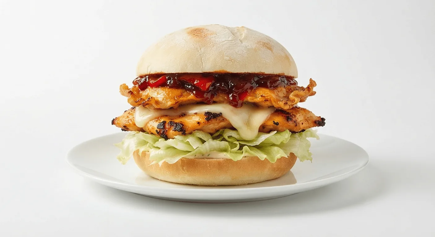 Nando's Sunset Burger, burger with flame-grilled chicken thighs, melted cheese, chutney and lettuce in a Portuguese roll on a white plate, nutrition and calories