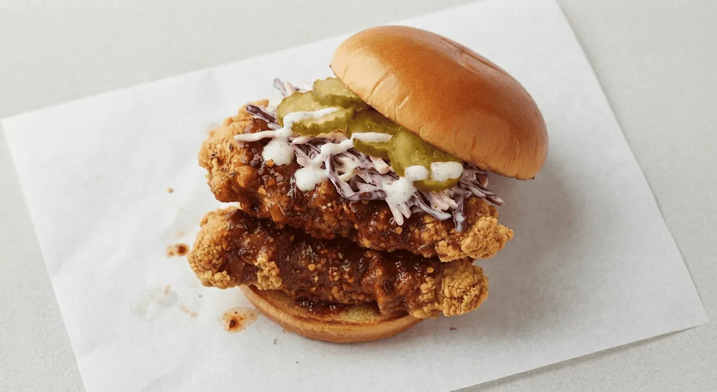 Wingstop Atomic Burger, crispy chicken burger in atomic hot sauce with pickles and slaw in a brioche bun, nutrition and calories