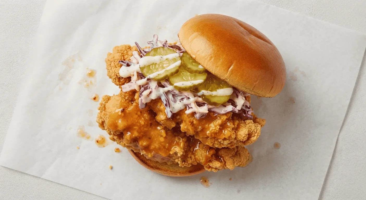 Wingstop Mango Habanero Burger, crispy chicken burger in mango habanero sauce with pickles and slaw in a brioche bun, nutrition and calories