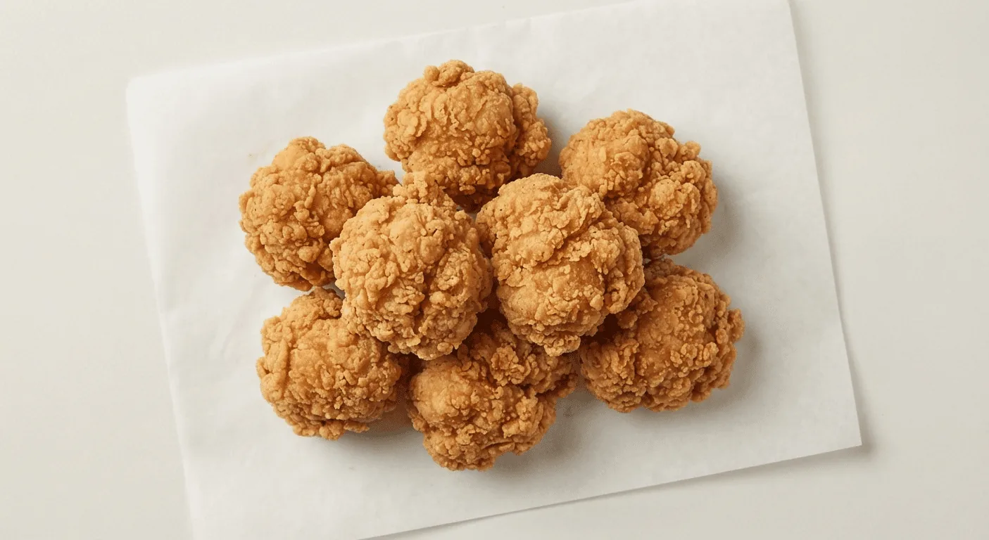 Wingstop Plain Boneless, plain crispy boneless chicken bites on white paper, nutrition and calories