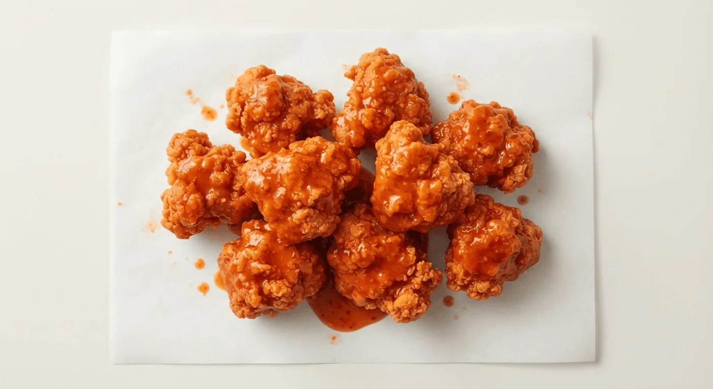 Wingstop Original Boneless, boneless chicken bites in orange original hot sauce on white paper, nutrition and calories