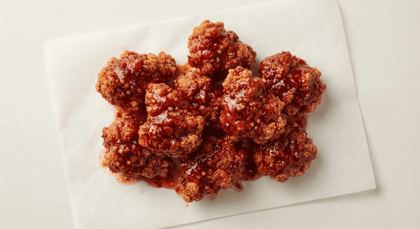 Wingstop Atomic Boneless, boneless chicken bites in a dark red atomic hot sauce on white paper, nutrition and calories
