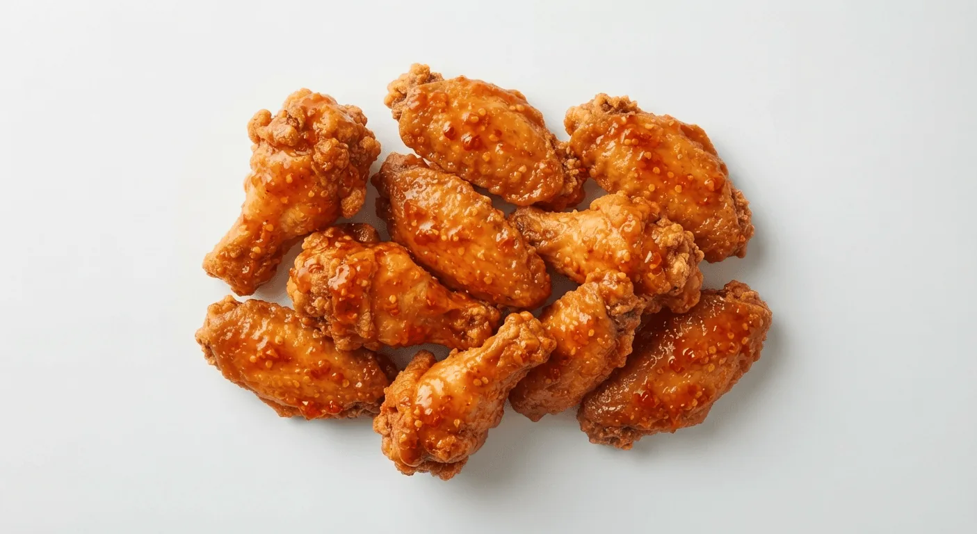 Wingstop Original Wings, chicken wings in orange original hot sauce on a white background, nutrition and calories