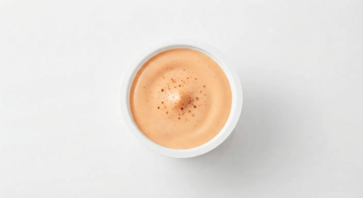 McDonald's Spicy Mayo Dip, spicy mayo dip in a small white pot, seen from above, nutrition and calories
