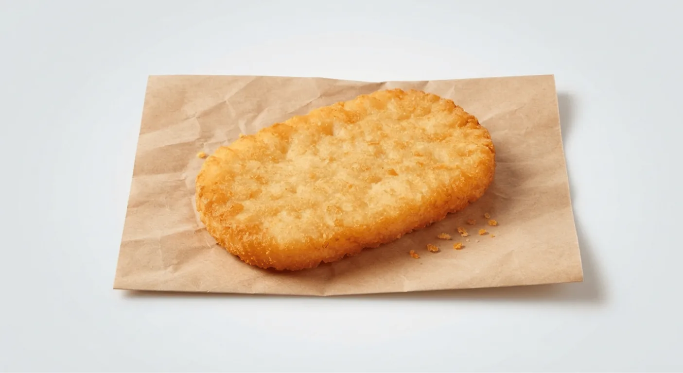 KFC Hash Brown (per piece), golden hash brown on brown paper, nutrition and calories