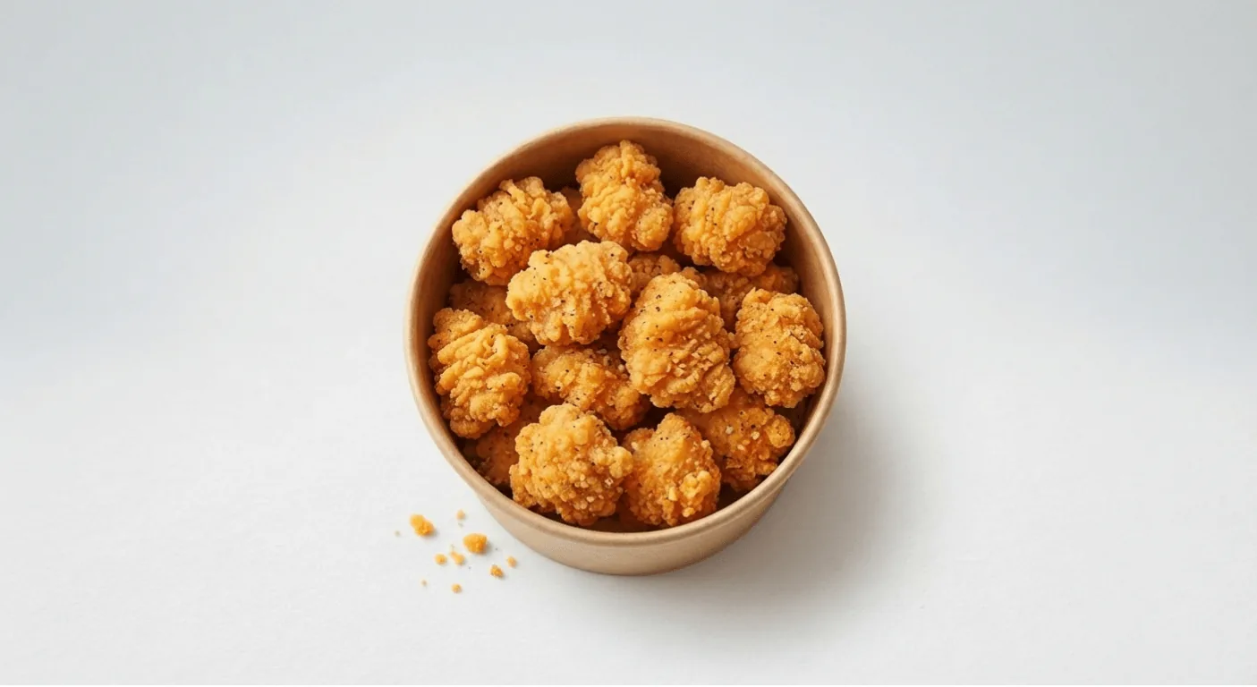 KFC Popcorn Chicken (Regular), golden popcorn chicken pieces in a paper bowl, nutrition and calories