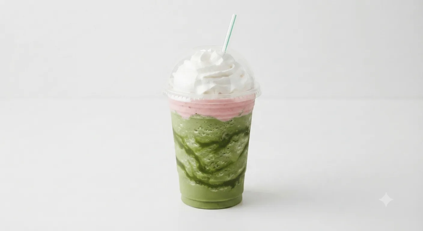 Starbucks Strawberry Matcha Cloud Frappuccino (Grande), green matcha blended drink with strawberry cold foam and a straw in a clear glass, nutrition and calories